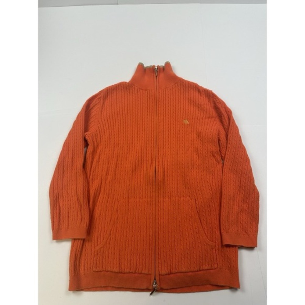 Lauren‎ Ralph Lauren Women's Orange Cable Knit Sweater Zip Gold Accent Small